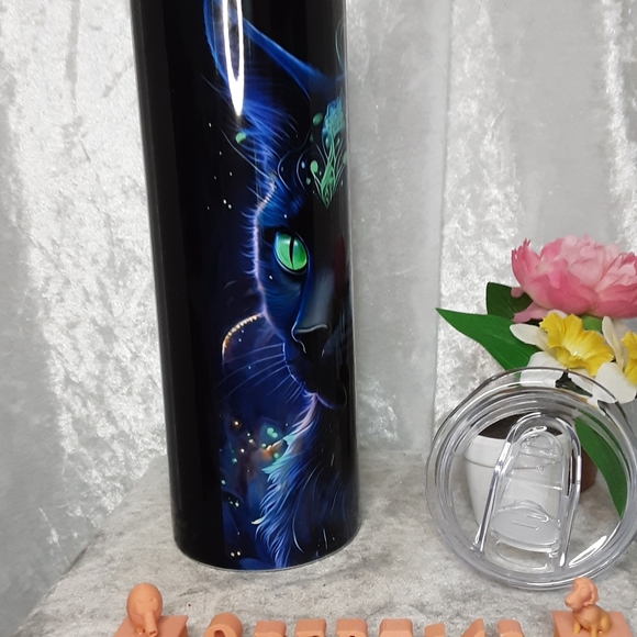 Handmade Black Cat Thermal Tumbler 20 oz Black Teal Blue - Picture 4 of 5